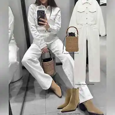 Zara White Denim Long Sleeves Straight Leg Denim Jumpsuit Women’s Size Large • $74.97