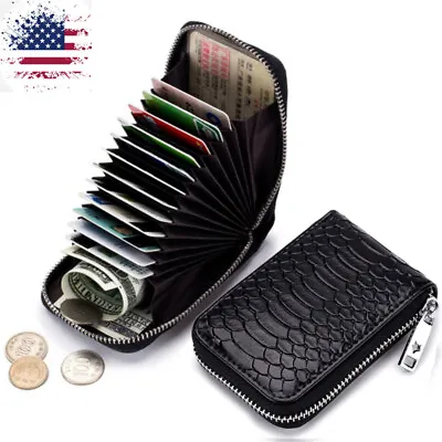 Mens Snake Pattern Genuine Leather Credit Card Holder Wallet RFID Zipper Pocket • $8.49