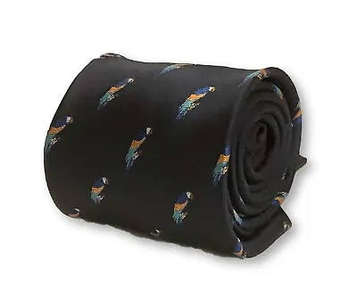 Frederick Thomas Designer Mens Tie Dark Navy Blue Blue Macaw Parrot Bird • £15.99