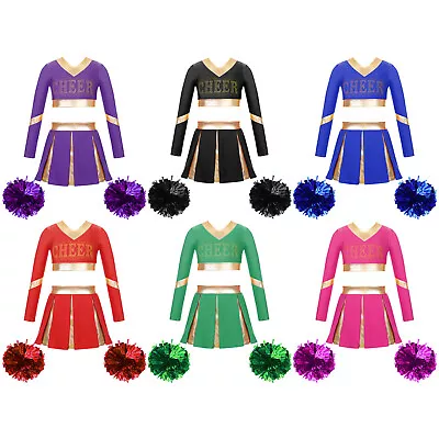 UK Kids Girls Cheerleading Outfit Set Dress Up Long Sleeve Crop Top With Skirt • £7.59