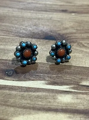 Vintage Antique Turquoise Coral Stud Indigenous Earrings  925 Sterling Silver • $45