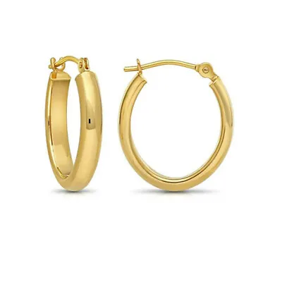 14K Real Solid Gold Classic Polished Half Round Tube Oval Hoop Earrings 18mm • $99.99