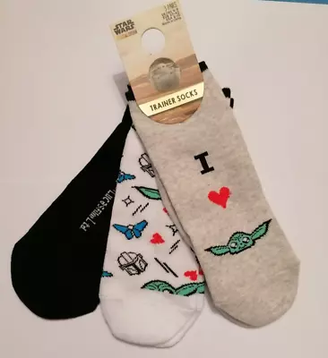 Disney Star Wars Mandalorian Trainer Socks Baby Yoda 3 Pairs Shoe Liners UK 4-8 • £8.99