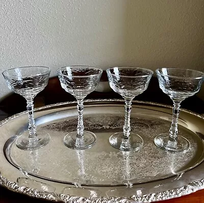 Vintage Champagne Glasses 1940's Etched Cut Floral Cocktail Coupes Barware Set~4 • $42