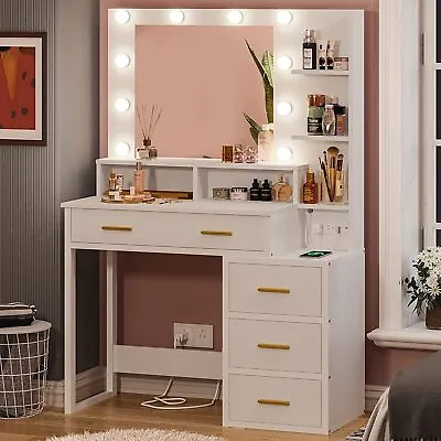 Vanity Table W/5 Drawers & Storage Shelves Makeup Table Lighted Mirror Dresser • $219.89