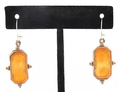 Vintage / Antique Style Yellow Glass Intaglio Cameos Gold Tone Pendant Earrings • $14.99