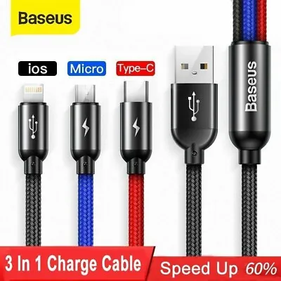 2x/1x Baseus 3 In 1 USB Fast Charging Cable 3.5A Charge Cord For IPhone Android • $9.90