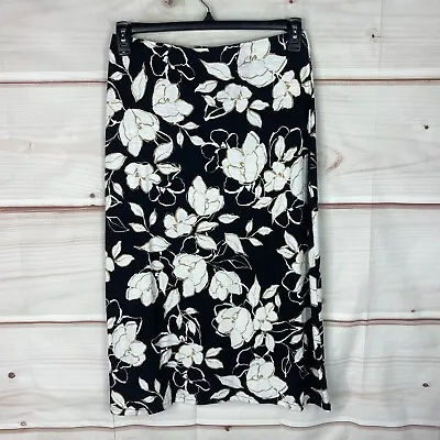 J. Jill Jersey Knit Pull On Midi Skirt Women XS Black White Floral Print Stretch • $12.59