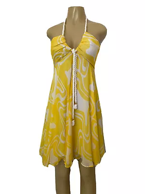 Milly Dress Flare Empire Waist Silk Yellow White Lined Rope Halter Neck 4 S • $41.30