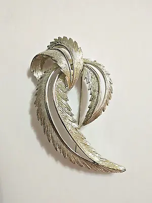 Sarah Coventry Brooch Large Brushed Silver Tone Leaf Feather Designer Signed Pin • $9