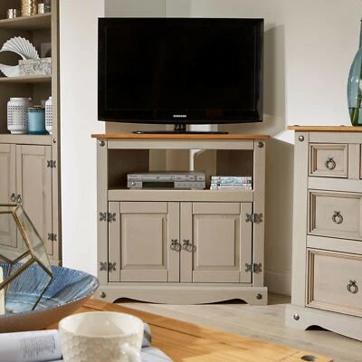 £59.99 • Buy Grey TV Stand Pine 2 Door Television Cabinet Corner Unit Corona Solid Wood