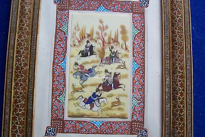 Vintage Signed Persian Hand Painted Bone Art Hunting Sport Scene • £75