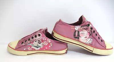 Vintage Y2K Ed Hardy Sneakers Faded Dark Pink Size 6 Skull/Gisha #19FLR129W. • £24.09