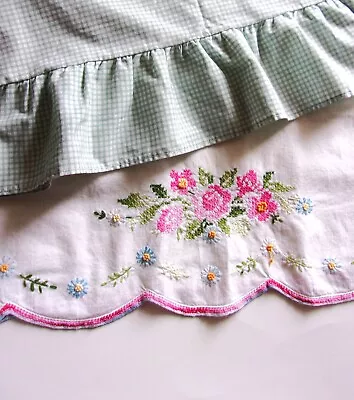 Vtg Pillowcases Lot Of 2 Hand Embroidered  & Ruffled Pastel  Country Farmhouse • $9.50