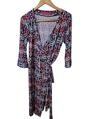 MELISSA MASSE Made To Measure Retro Aztec/ Geometric Print Wrap Midi Dress  XL • $26.45