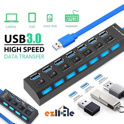$17.55 • Buy 4/7 Port USB 3.0 HUB Powered+High Speed Splitter Cable Adapter PC AC Extender