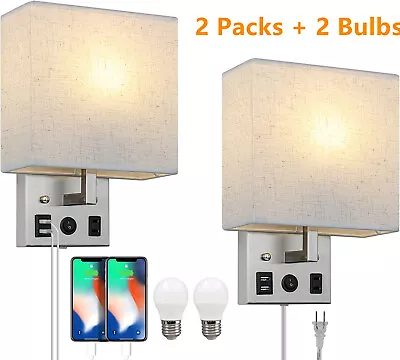 Set Of 2 Bedside Wall Lamp Plug In Wall Sconce W/ Bulbs 2 USB Ports AC Outlet • $32.99