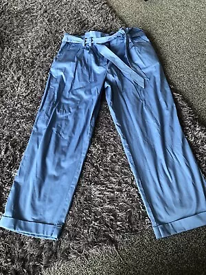 Ladies Mango Blue Paperbag Tie Belt Trousers Size Large • £2.99