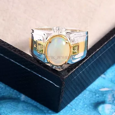 Natural Opal & Peridot With 14K White Gold Plated Silver Ring For Men's # • £80.09