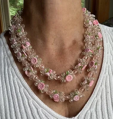 Vintage Double Strand West Germany Lucite Floral Bead Necklace • $59.99