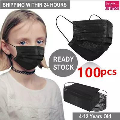 100x Disposable Children Kids Face Mask 3Ply Protection 4-12 Y/O Wholesale BLACK • $19.69