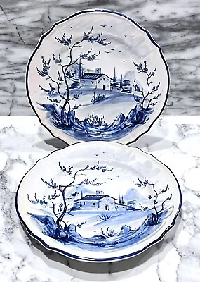 2 PV Peasant Village Italy Hand Painted Blue & White Tuscan Farmhouse Plates • $16