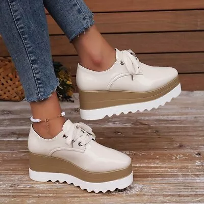 Women Brogue Oxfords Pumps Lace Up Wedge High Heel Platform Casual Shoes College • $64.43