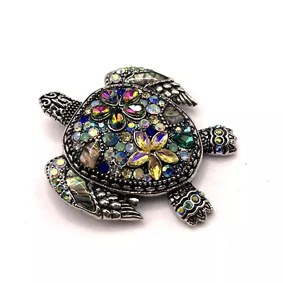 Abalone Sea Turtle Pin Rhinestone Silver Tone Beach Ocean Nautical • $12.97