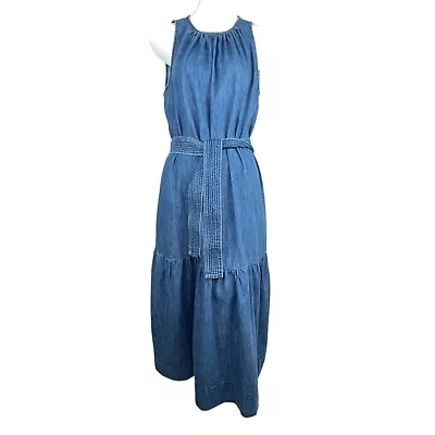 Vanessa Bruno Long Blue Denim Jean Belted Sleeveless Maxi Dress Women's M • $89.99