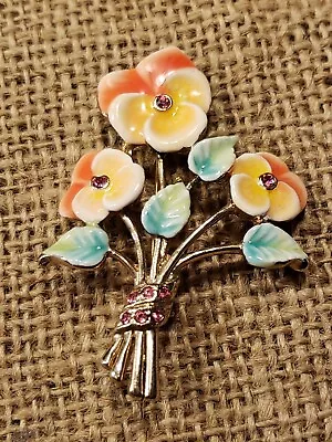 Vintage Monet Flower Brooch With Pink Rhinestones And Enamel Measures 2.29   • $5