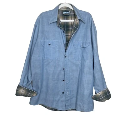 $14.73 • Buy Vintage Fieldmaster Perma Prest Large Mens Blue Chambray Flannel Button Up Shirt