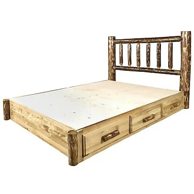 Log Platform Bed With Drawers QUEEN Size Amish Made Storage Beds Lodge Cabin • $2063.67