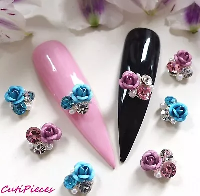 3D Nail Art Pink Blue Silver Flowers Rhinestone Pearl Cluster Gem Alloy Metal  • £3.25