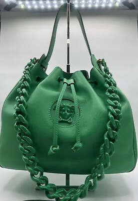 NWT $2325 VERSACE Green Leather LA MEDUSA Drawstring Bucket BAG CHAIN & 2 STRAPS • $2943.01