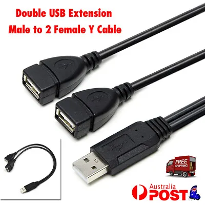 Double USB Extension Male To Female Y Cable Cord Power Adapter Splitter 30cm • $5.81
