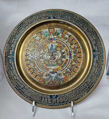 Vintage Copper/Brass Enamel Aztec Mayan Calendar Wall Hanging Plate 11   Mexico • $12.75