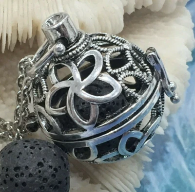 $14.95 • Buy Flower Locket Aromatherapy Diffuser Necklace Essential Oil Lava Stone - Black