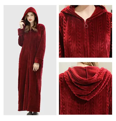 Ladies Extra Long Hooded Dressing Gown Bath Robe Warm Soft Fleece Zip Up Robes • £27.99