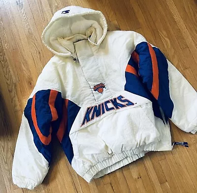 Vintage 90s Starter New York Knicks Orange White & Blue Pullover Jacket Size L • $70