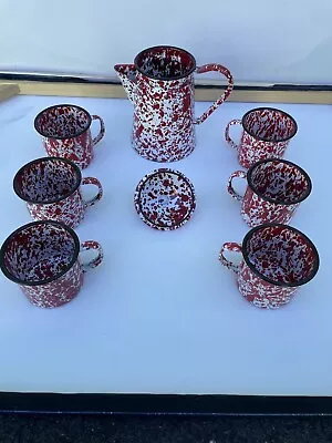 NOS CGS International Red White Enamel Ware Speckle Coffee Pot & 6 Mugs NEW L@@K • $89.95