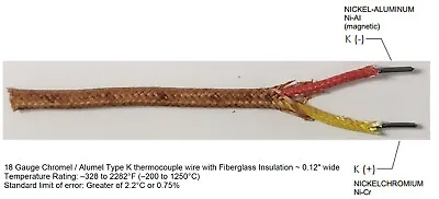 K-type Thermocouple Wire AWG 18 Solid With Fiberglass Insulation 20 Ft Lengh • $29