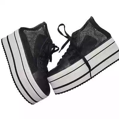 Yru | Platform Mesh Sneakers Elevation Lace Up Black White Hi 2 Women's Size 8 • £45.18