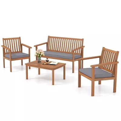 4 Pcs Patio Garden Acacia Wood Furniture Sofa Set Cushioned Chair & Coffee Table • $228.96