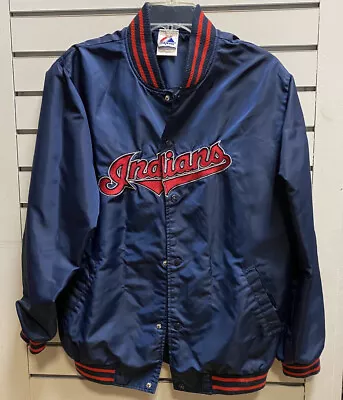 Majestic Cleveland Indians Satin Jacket Blue Snap Front Chief Wahoo Embroidered • $26.99