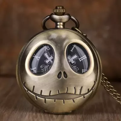 Pocket Watch Jack Skellington Hollowed Quartz With Necklace Chain Pendant Gift  • £9.99