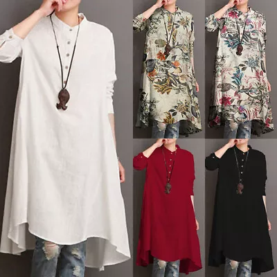UK Stock Womens Long Sleeve Casual Loose Tops Vintage Cotton Baggy Shirts Dress • £10.52