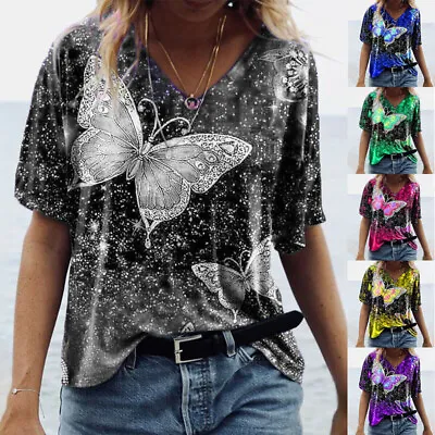$23.99 • Buy Womens Short Sleeve Butterfly Print T Shirts Blouse Ladies Casual Loose Tops