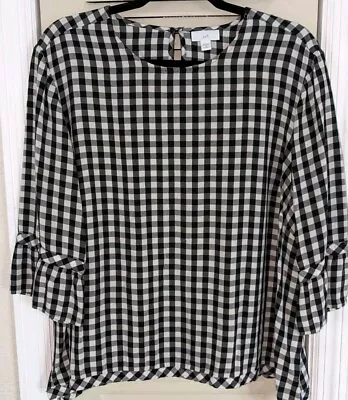 J Jill Top Womens 2X Black White Checked Shirt Pullover 3/4 Sleeve Keyhole Back • $22.95