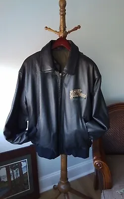  PLANET HOLLYWOOD NEW YORK  BLACK LEATHER BOMBER JACKET REVERSIBLE VTG 90's 2XL • $60