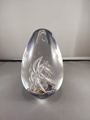 Large Murano Style Art Glass Blown Glass Blue Gold Swirl Egg Paperweight • $19.99